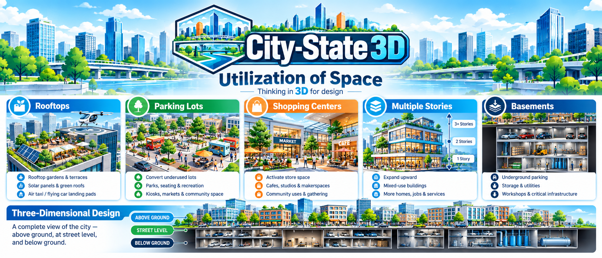 City-State 3D Utilization of Space infographic exploring rooftops, parking lots, shopping centers, multistory buildings, and basements.